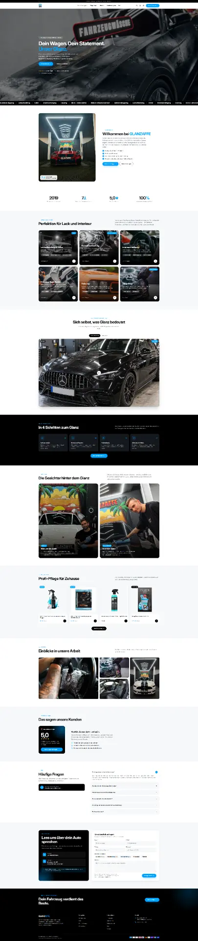 GLANZAFFE Startseite mit Detailing-Hero