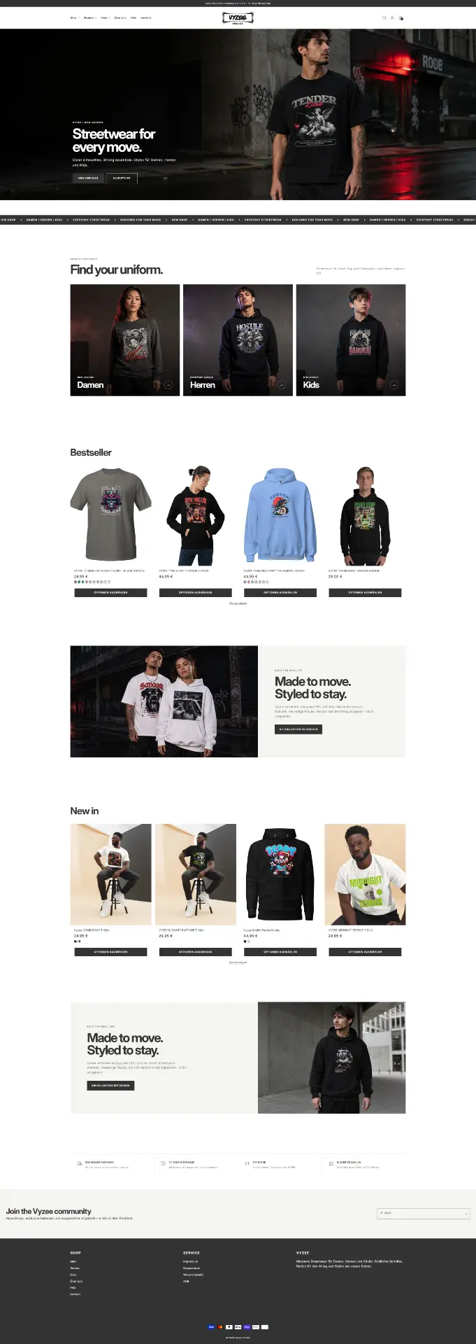 Vyzee Startseite mit Streetwear-Hero