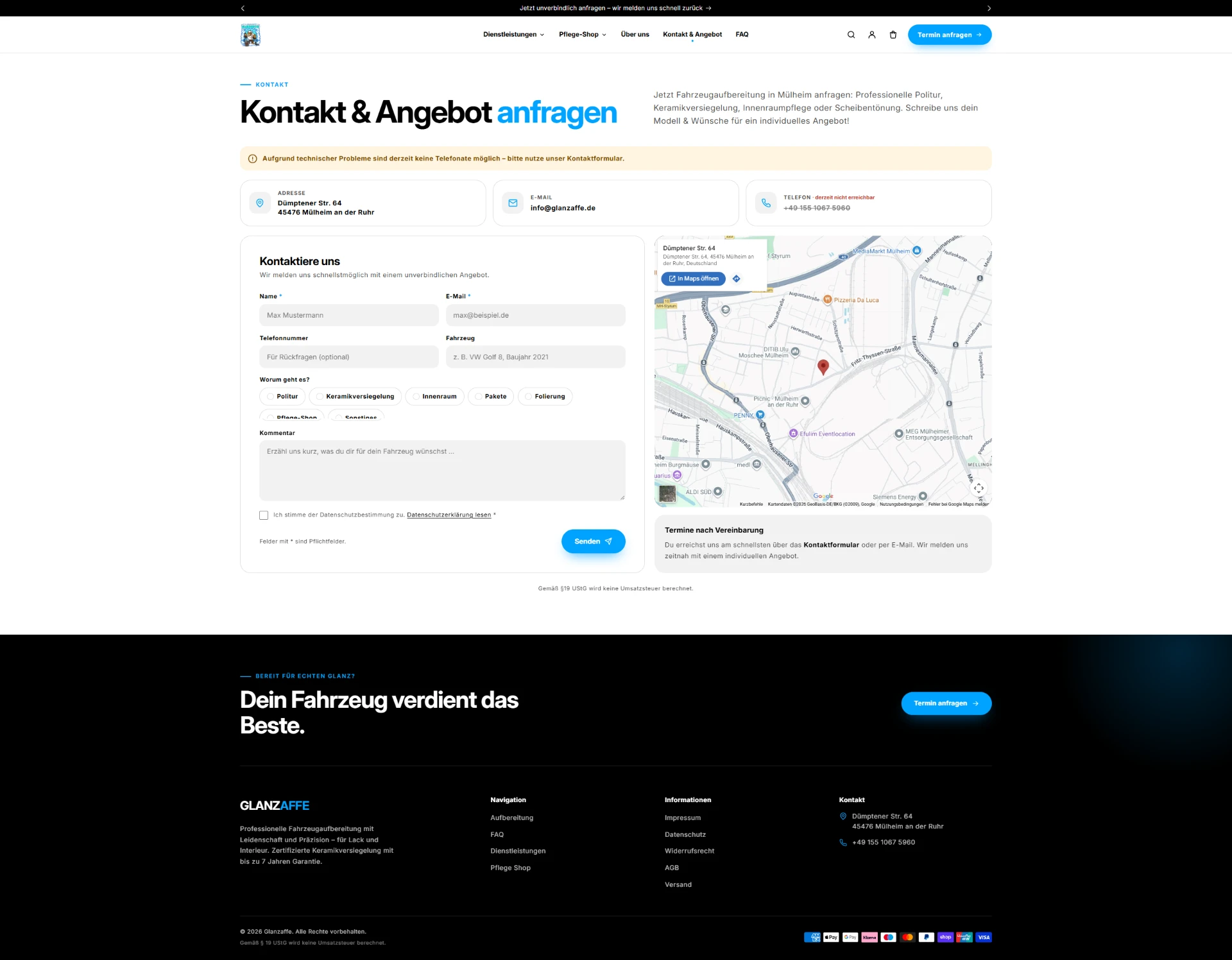 GLANZAFFE Kontaktseite mit Anfrageformular
