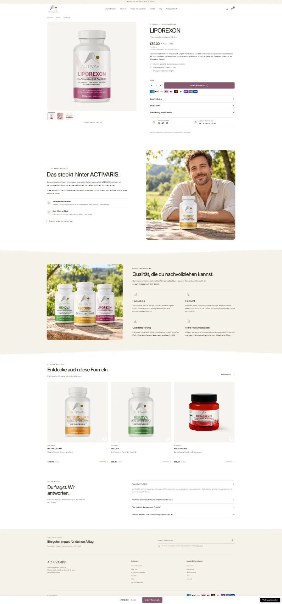 ACTIVARIS Produktseite Liporexon mit Inhaltsstoffen