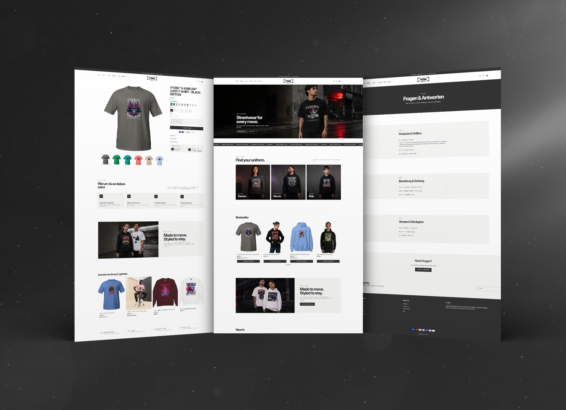 Vyzee Shopify Shop – Seitenübersicht