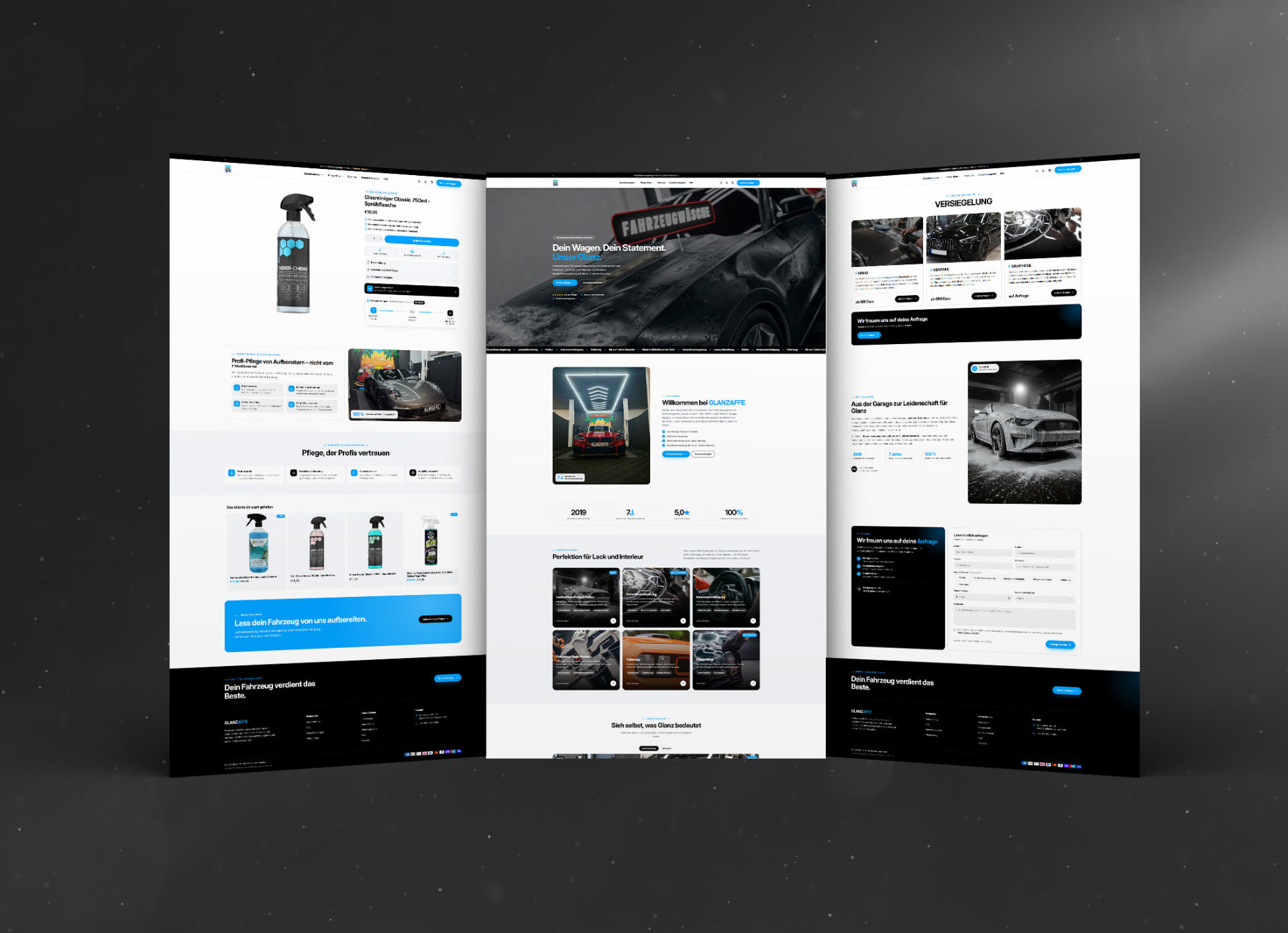 GLANZAFFE Shopify Shop – Seitenübersicht