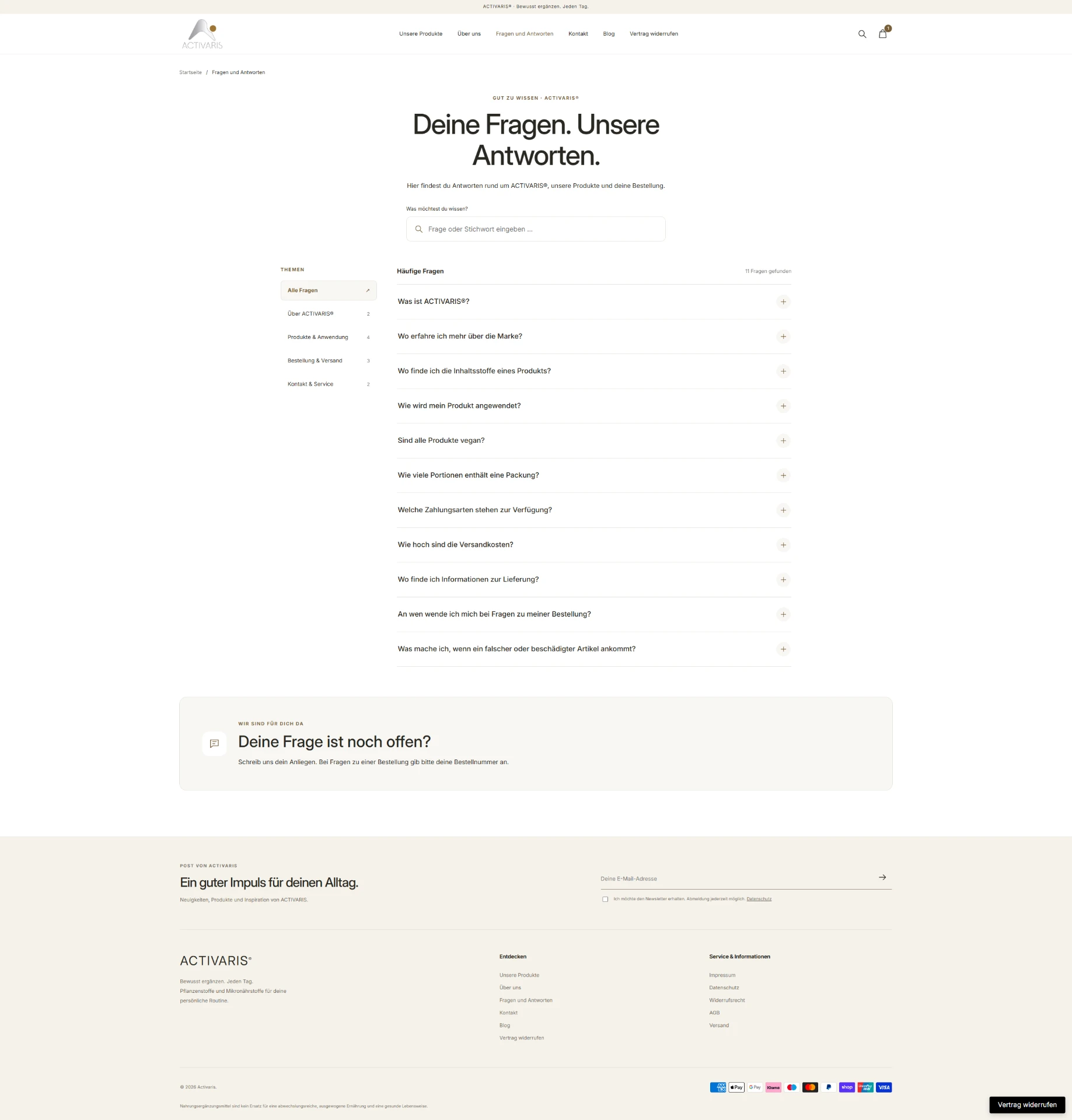 ACTIVARIS FAQ-Seite mit Themen-Navigation