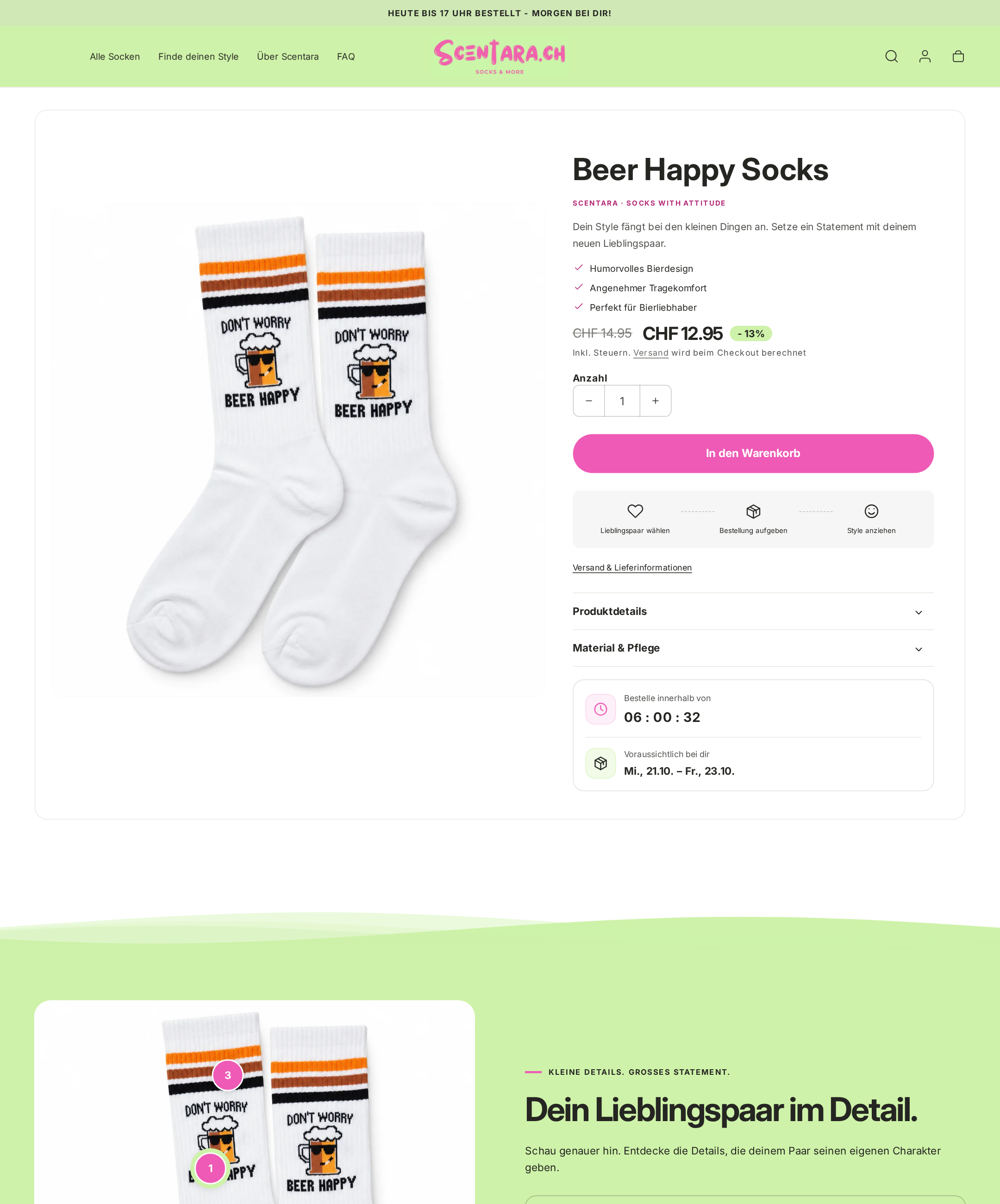 Scentara Produktseite Beer Happy Socks mit Countdown