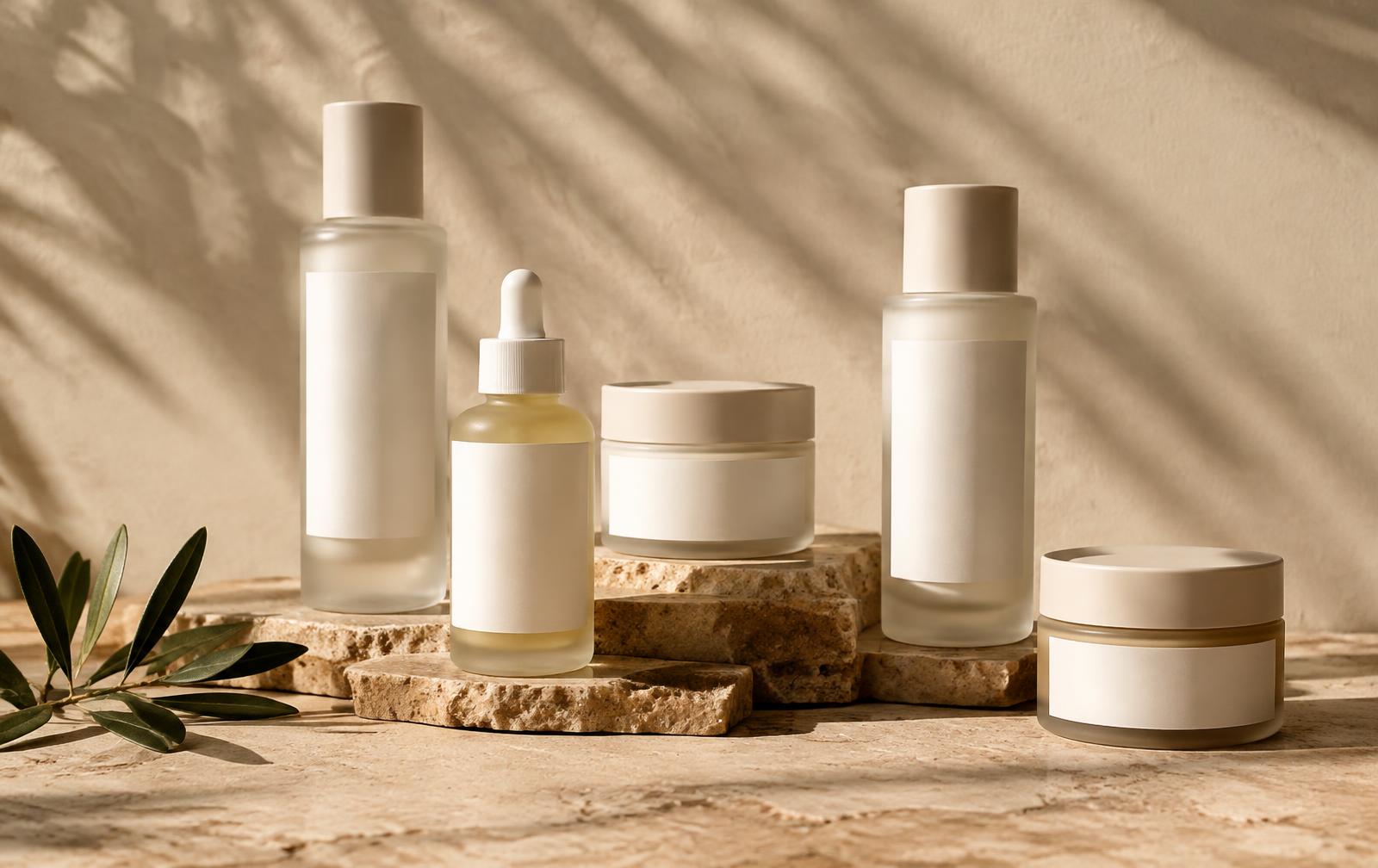 Minimalistische Kosmetikflaschen und Cremetiegel auf Naturstein – Beispiel für einen Shopify Beauty Shop