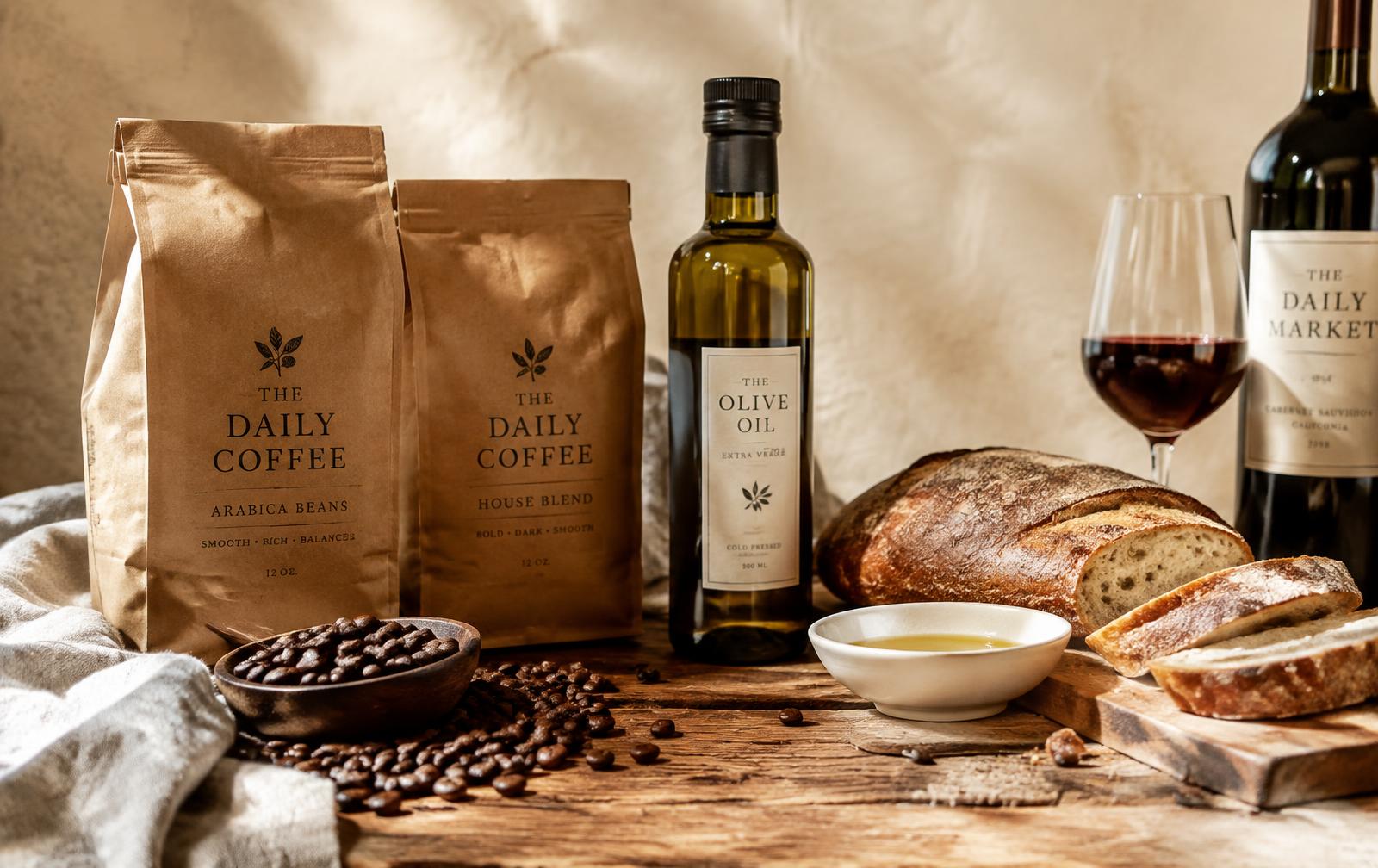 Kaffee, Olivenöl, Brot und Wein auf Holztisch – Beispiel für einen Shopify Feinkost Shop