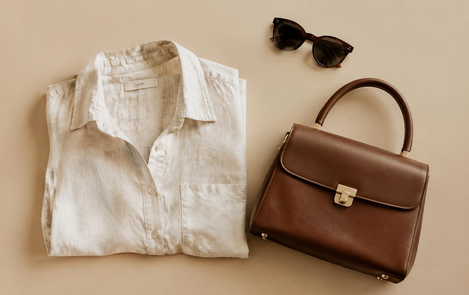 Leinenhemd, Lederhandtasche und Sonnenbrille – Beispiel für einen Shopify Fashion Shop