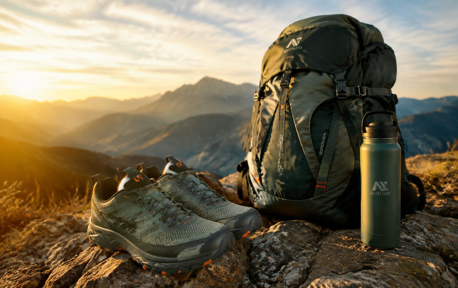 Trailrunning-Schuhe, Rucksack und Trinkflasche in den Bergen – Beispiel für einen Shopify Outdoor Shop