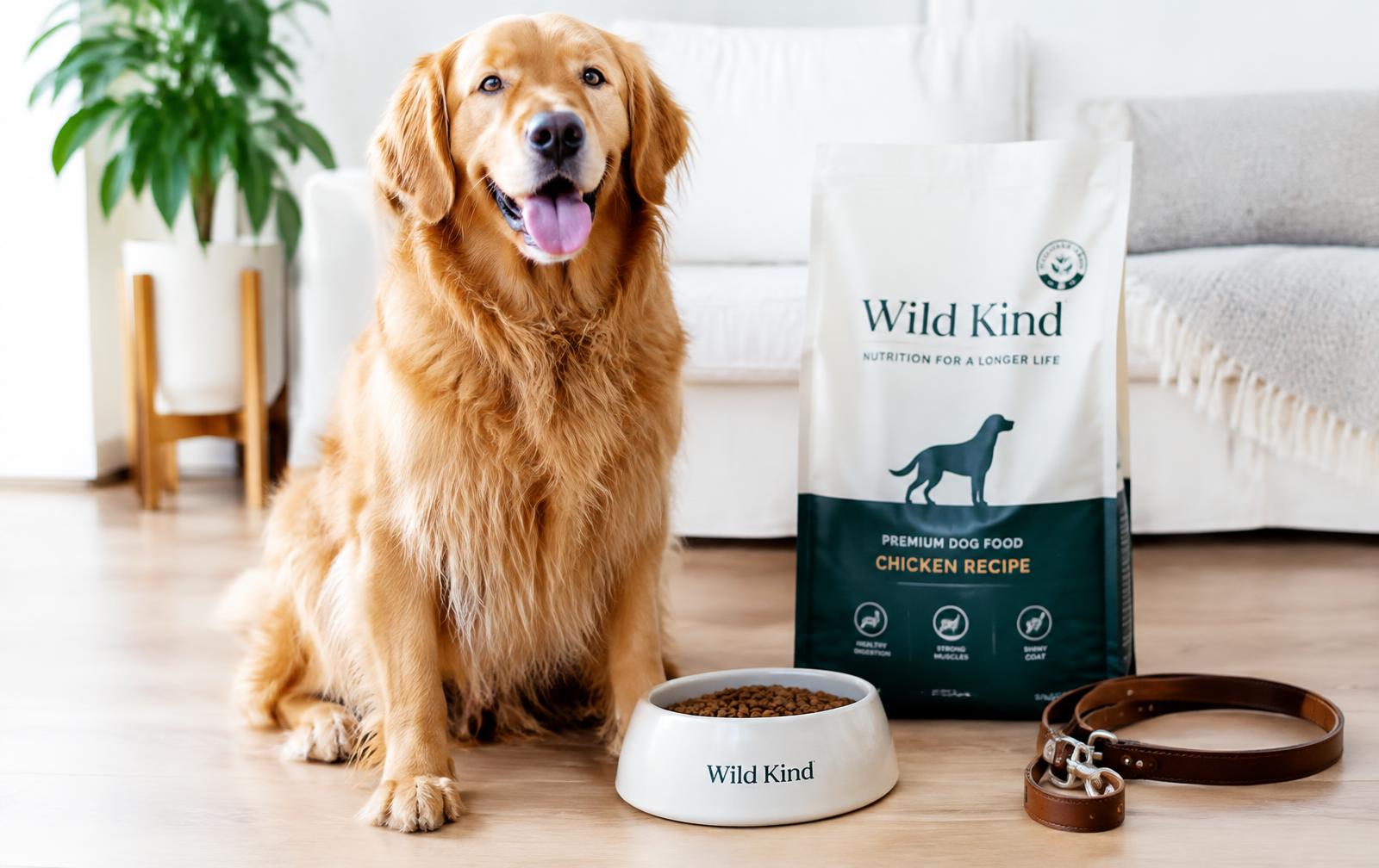Golden Retriever mit Futtersack und Napf – Beispiel für einen Shopify Tierbedarf Shop