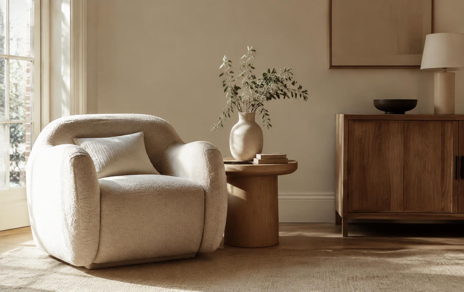 Bouclé-Sessel, Beistelltisch aus Eiche und Keramikvase – Beispiel für einen Shopify Interior Shop
